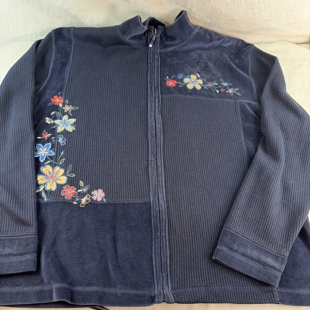 Erika Collection Blue Velvet Zip Up Jacket Floral Embroidered L Grandmacore